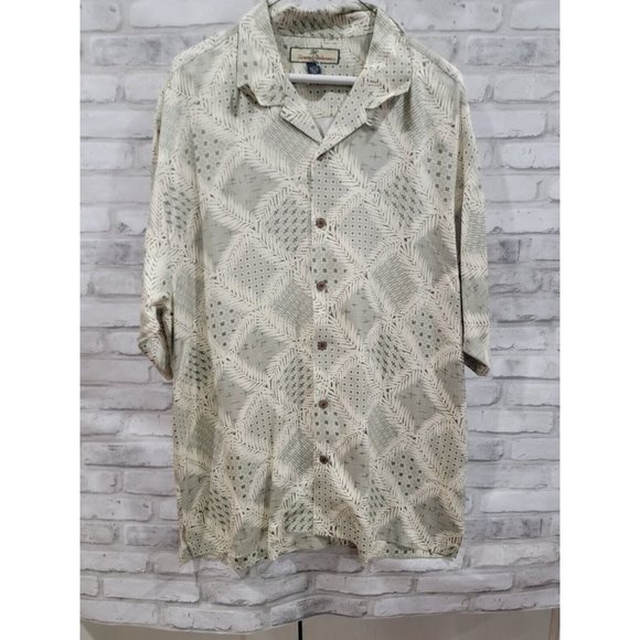 Tommy Bahama Men Large 100% Silk Ivory Geometric Palm Trees Shirt Button Down - Picture 1 of 10